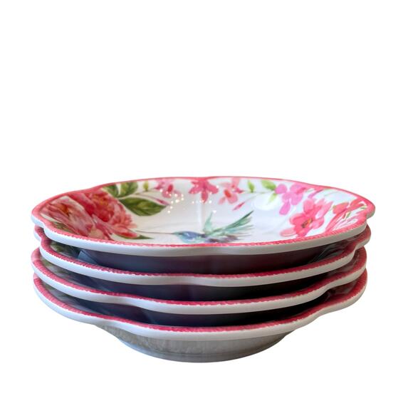 SOHO LOFT Hummingbird Pink Floral Melamine Salad Bowls 8in Set of 4 Spring NEW - Picture 5 of 15